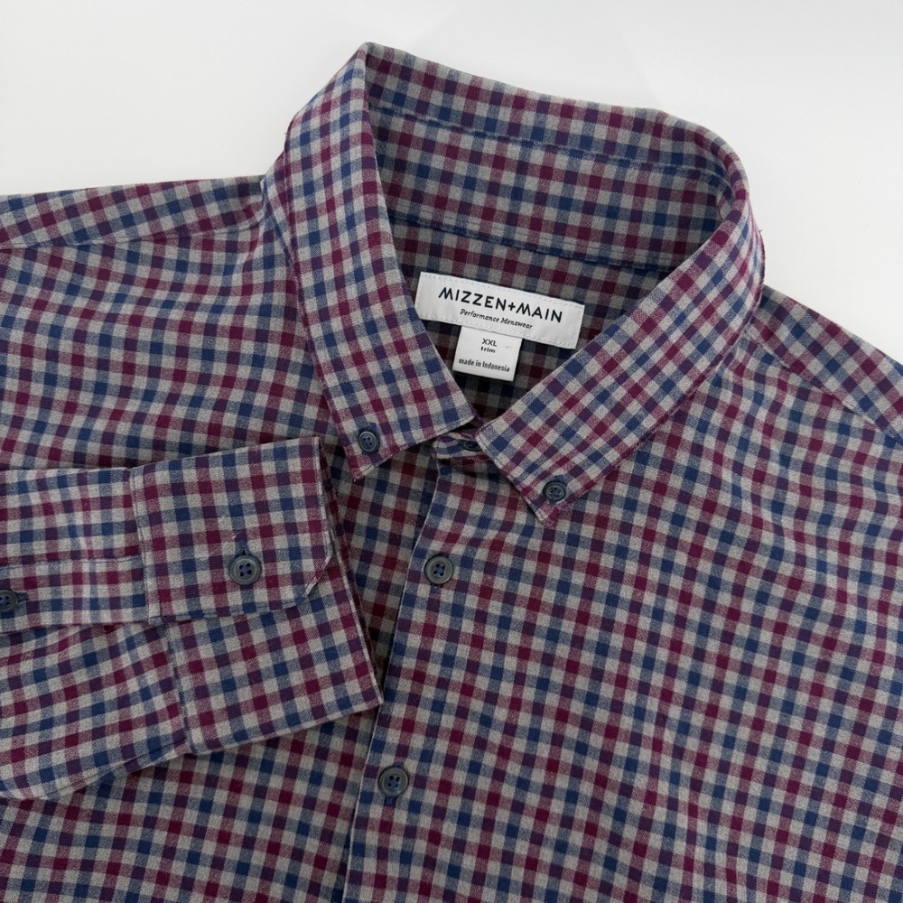 Mizzen+Main Performance Dress Shirt Mens XXL Trim Navy Burgundy Gingham Check
